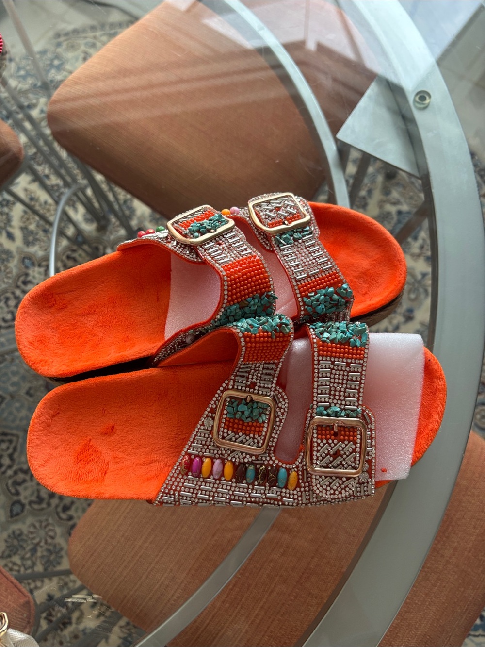 Beaded Orange Double-Buckle Slide Sandals